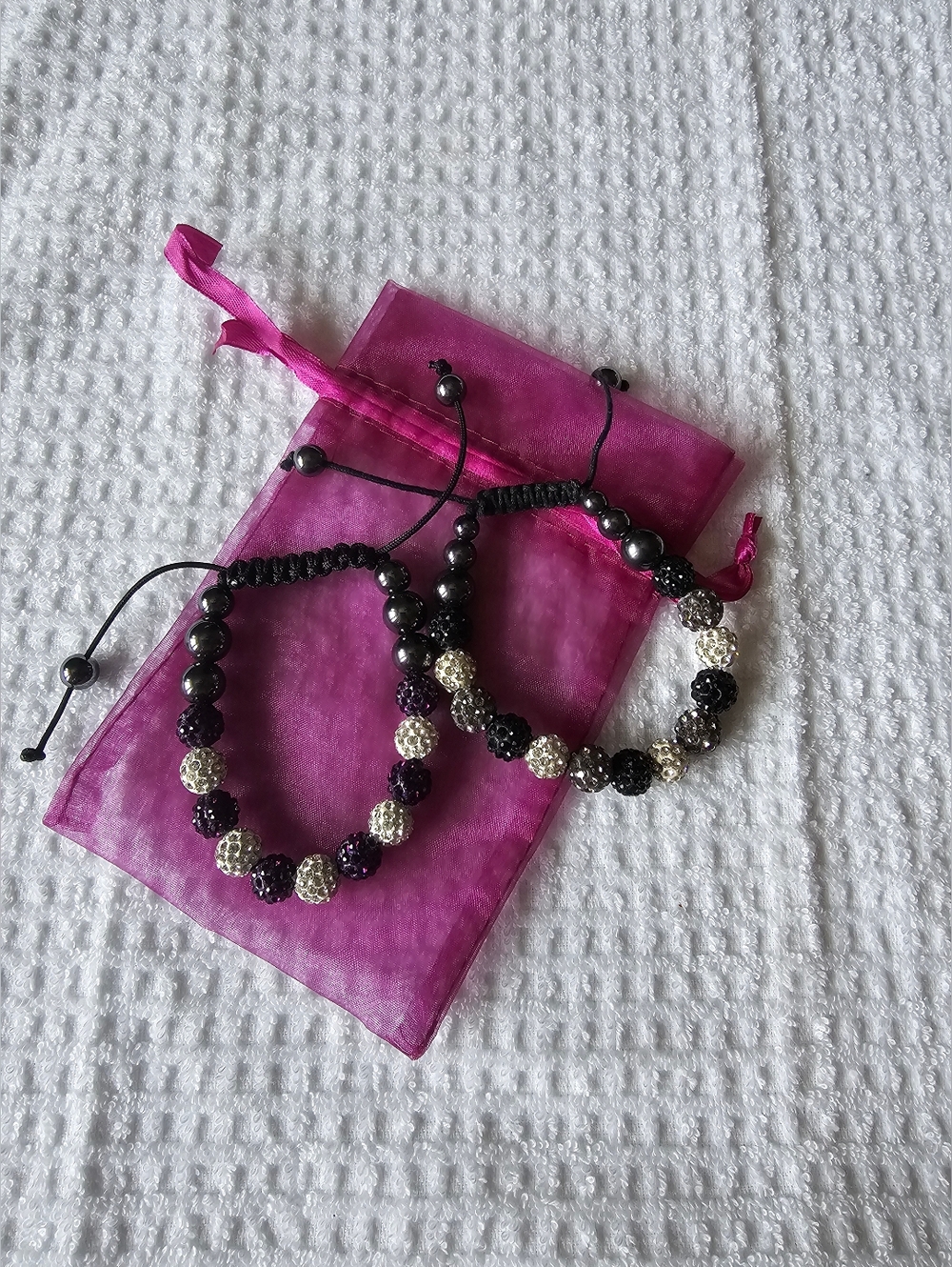 Purple/Silver and Black/Silver Beaded Shamballa Bracelet Sets